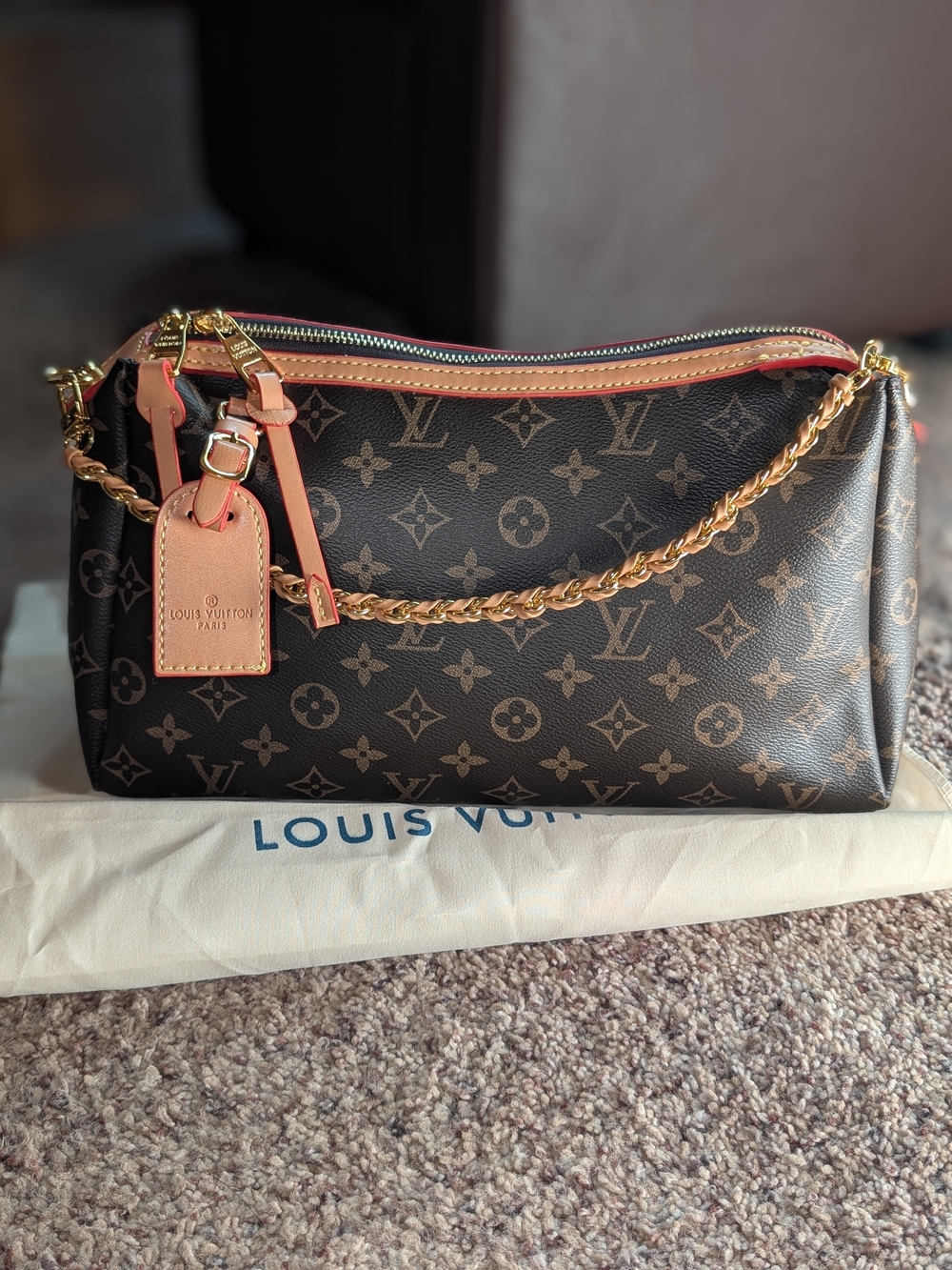 Fashion Inspired Monogram Canvas Shoulder Pochette with Pink Trim and Gold Chain